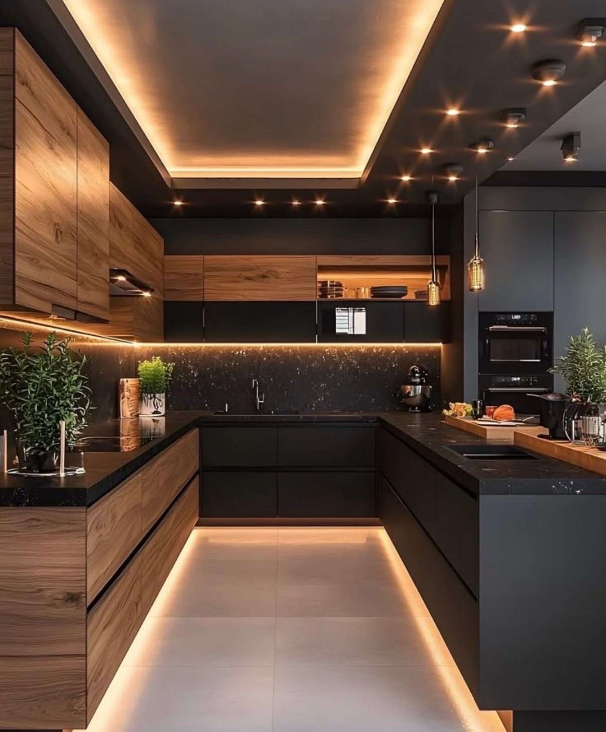 Cozinha planejada preta com armários em madeira e iluminação de LED no piso e teto