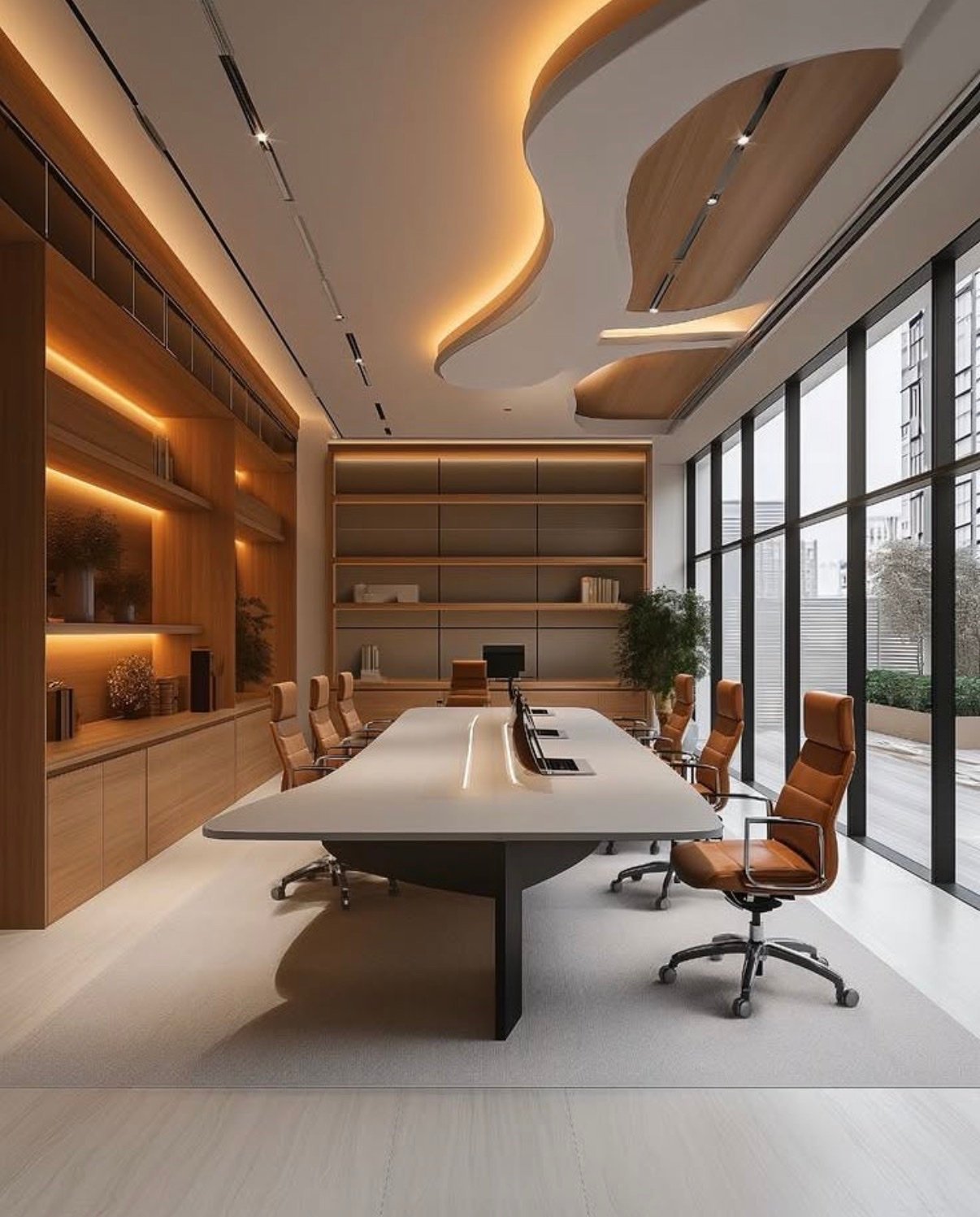 Sala de reuniões corporativa com marcenaria planejada e iluminação embutida